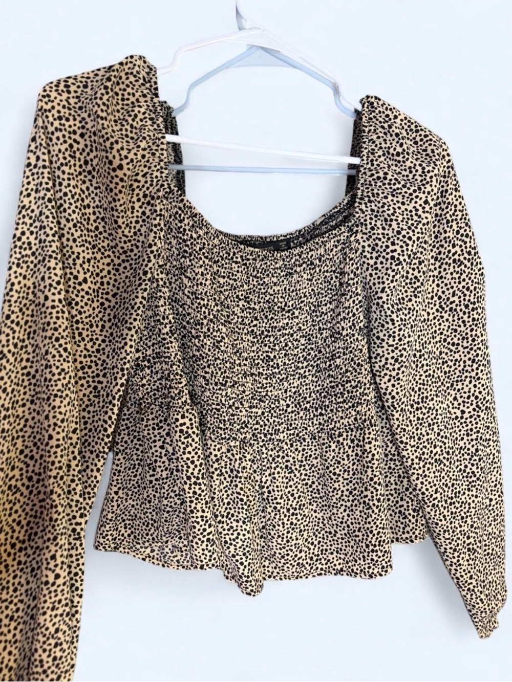 Smocked Leopard-Print Peplum Blouse in Beige and Black